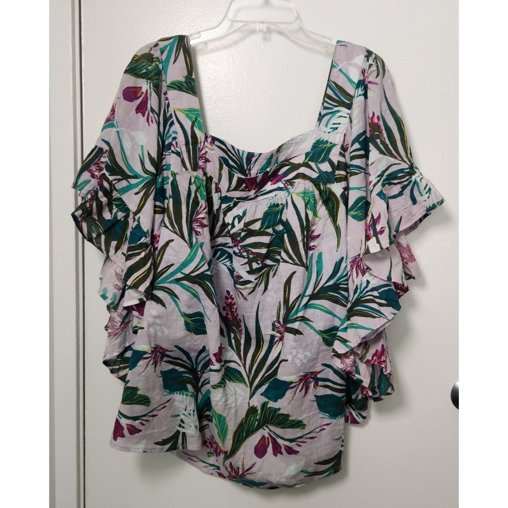 Terra & Sky Purple Tropical 100% Cotton Top Ruffle Short‎ Sleeves Square Neck 4X